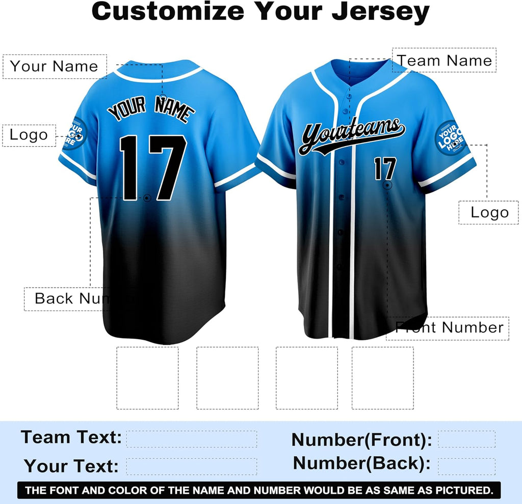 Custom Blue and Black Gradient Baseball Jersey with Name and Number