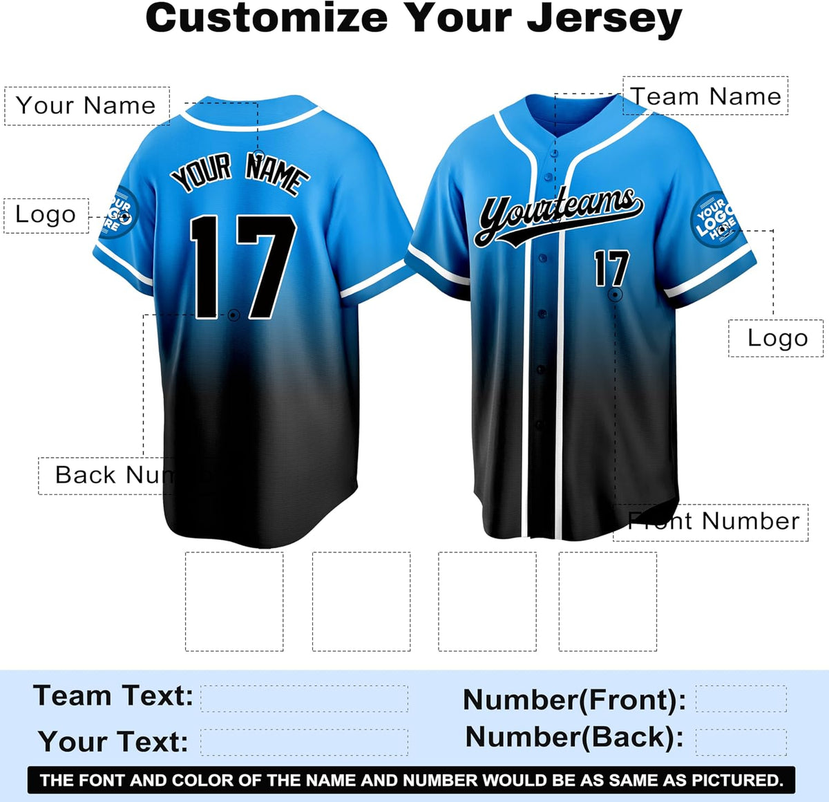 Custom Blue and Black Gradient Baseball Jersey with Name and Number