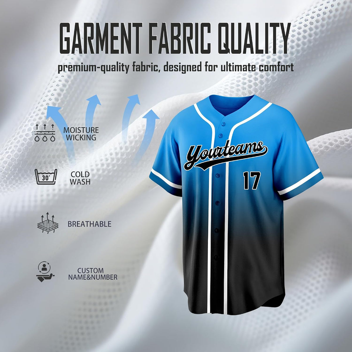 Custom Blue and Black Gradient Baseball Jersey with Name and Number