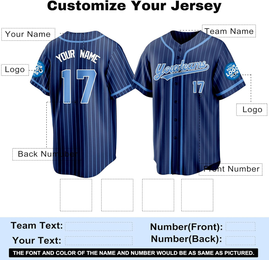 Custom Navy Blue Pinstripe Baseball Jersey with Light Blue Piping