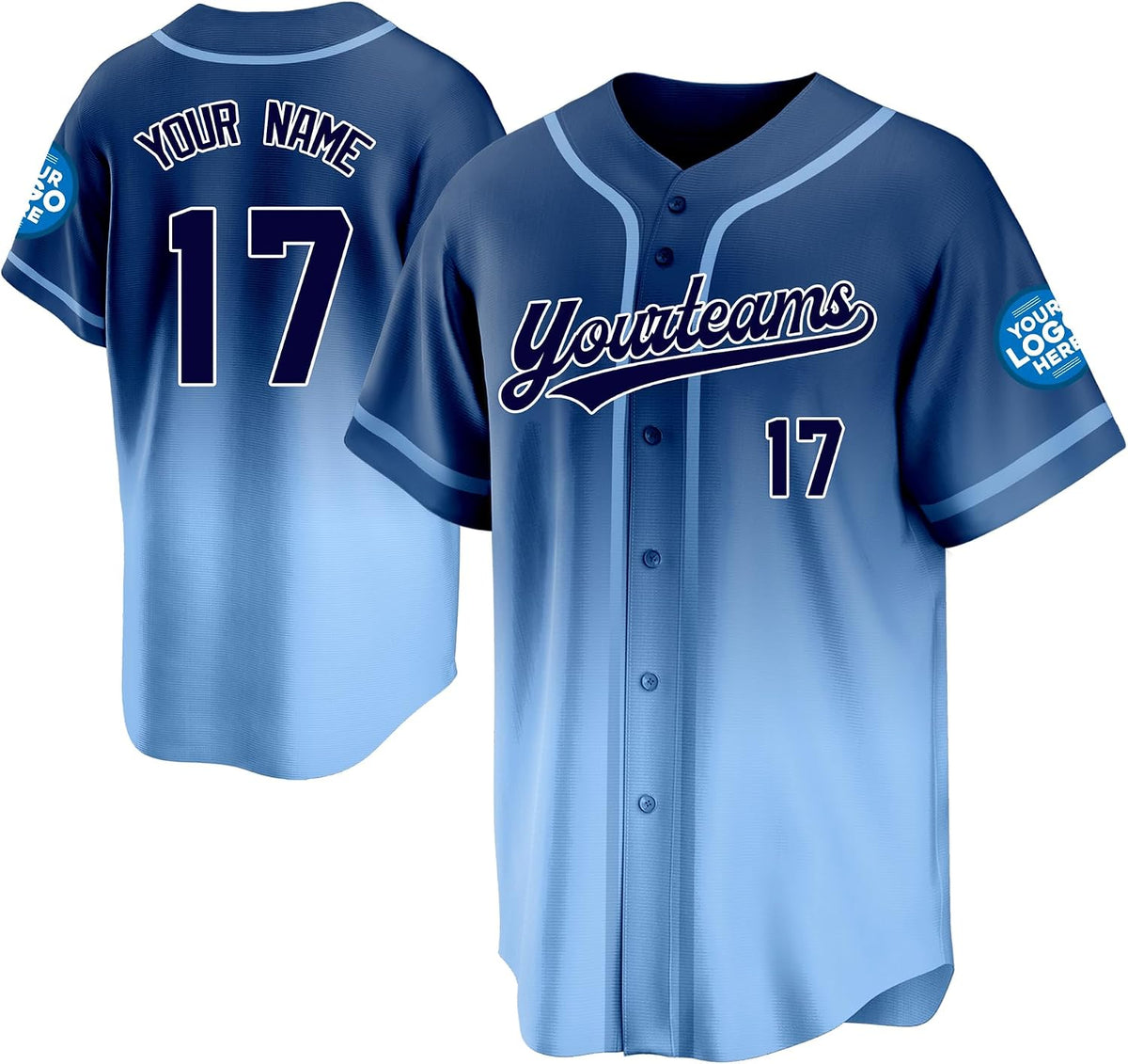 Custom Navy to Light Blue Gradient Baseball Jersey with Name and Number