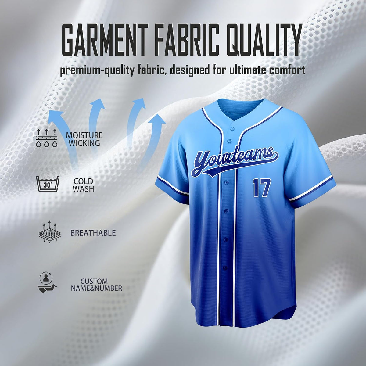 Custom Light Blue to Royal Blue Ombre Baseball Jersey