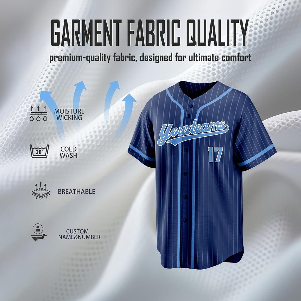 Custom Navy Blue Pinstripe Baseball Jersey with Light Blue Piping