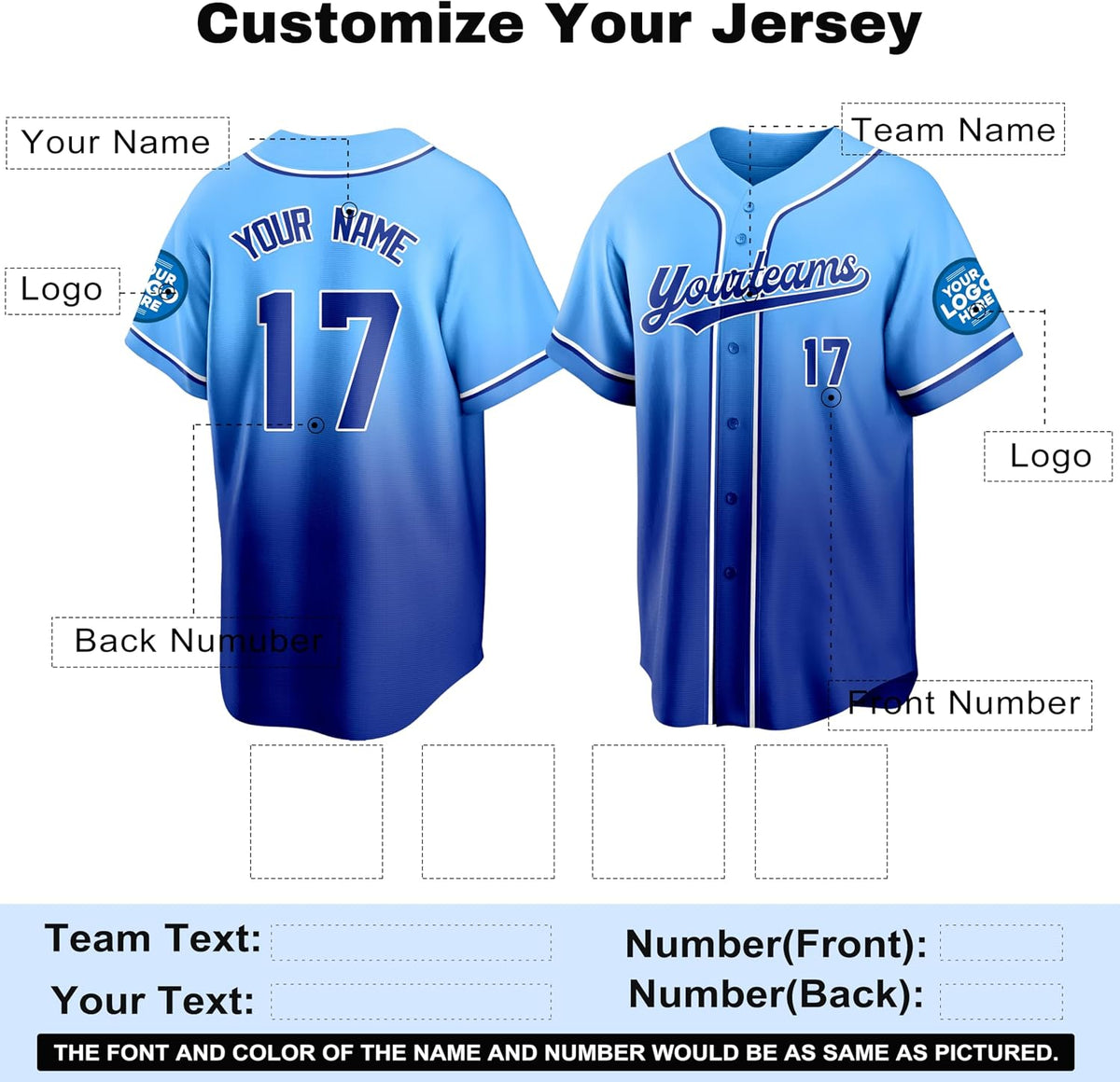 Custom Light Blue to Royal Blue Ombre Baseball Jersey
