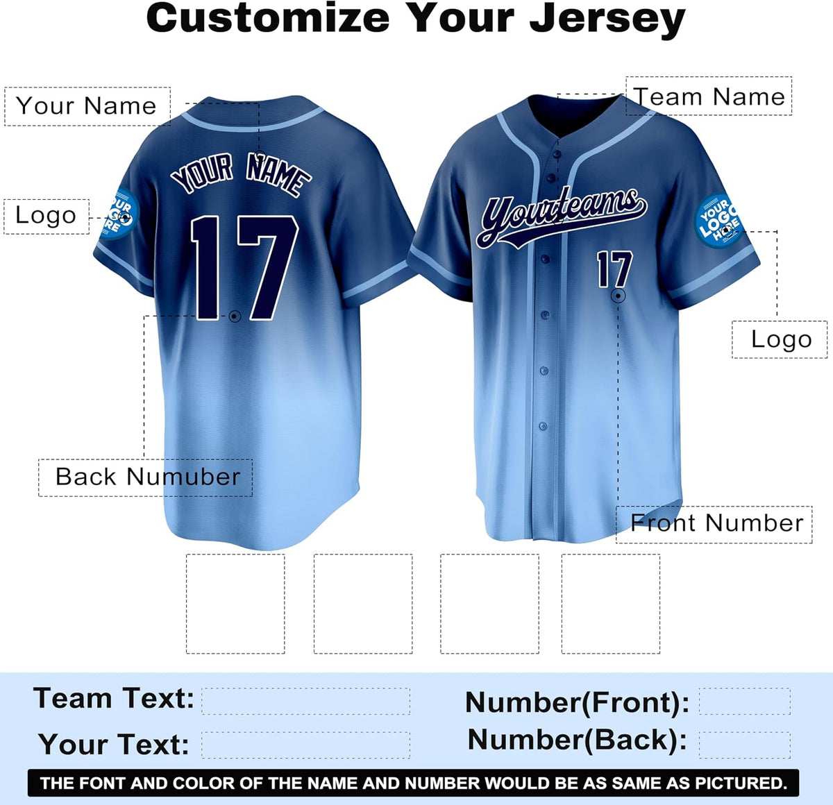 Custom Navy to Light Blue Gradient Baseball Jersey with Name and Number