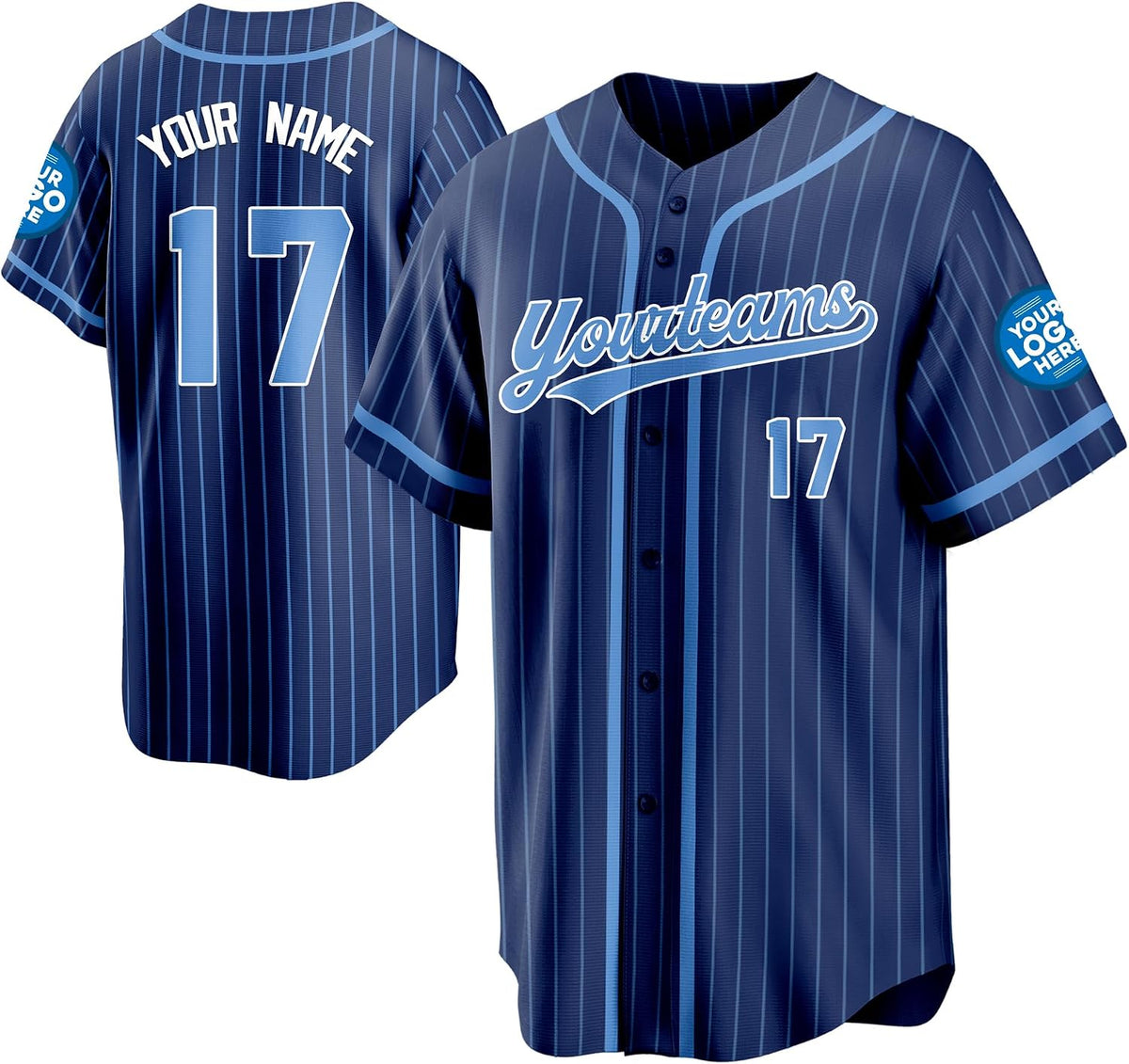 Custom Navy Blue Pinstripe Baseball Jersey with Light Blue Piping