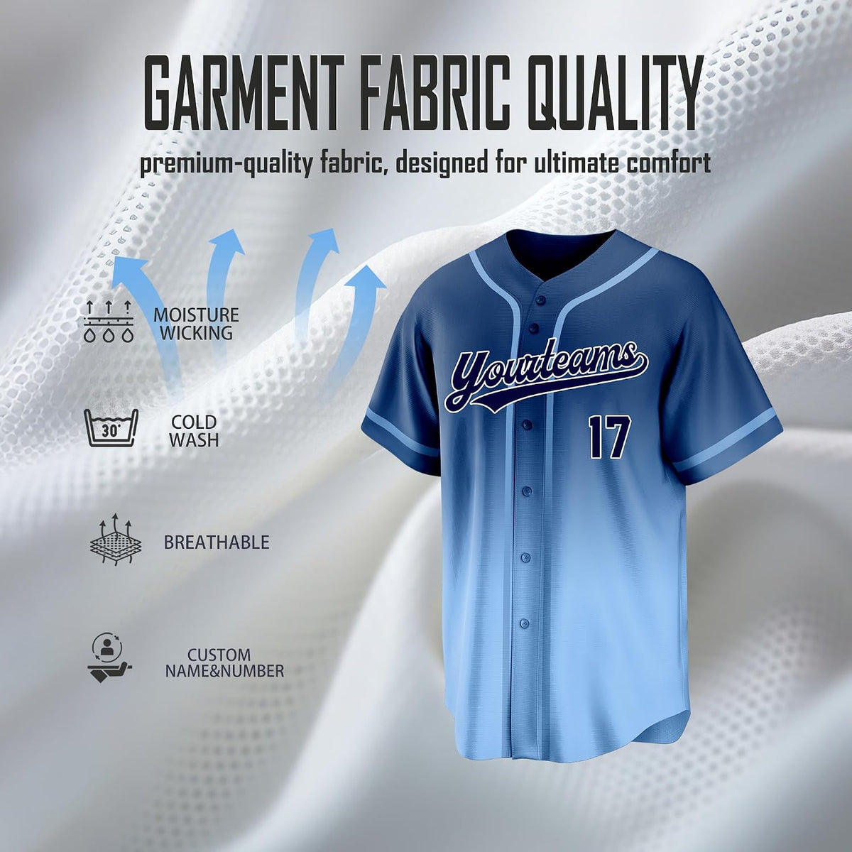 Custom Navy to Light Blue Gradient Baseball Jersey with Name and Number