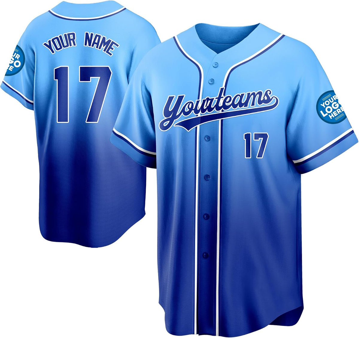 Custom Light Blue to Royal Blue Ombre Baseball Jersey
