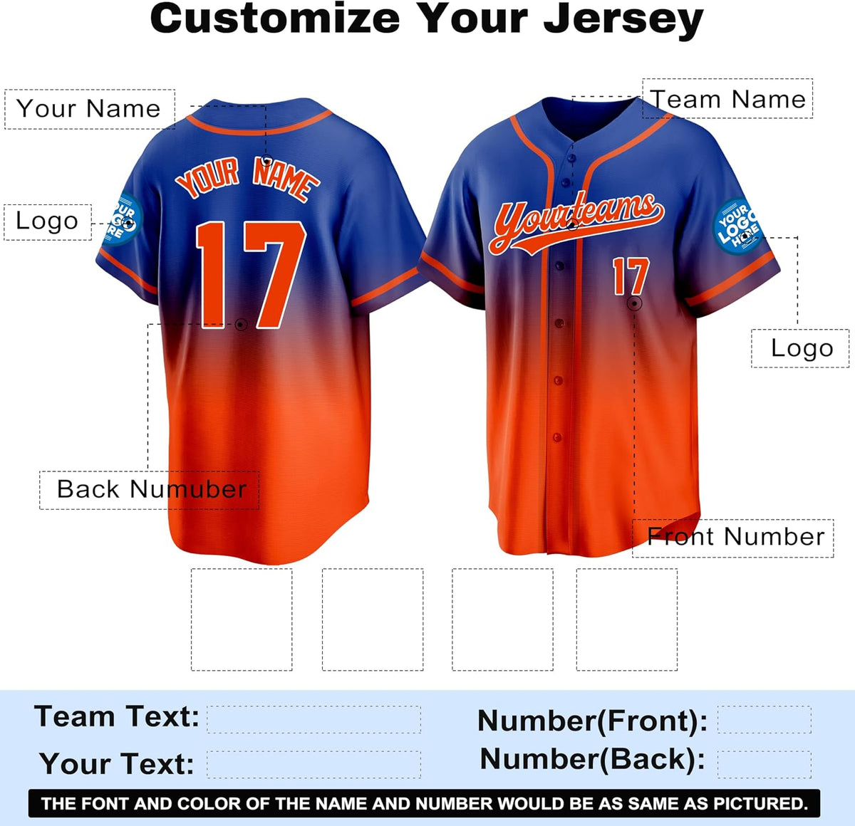 Custom Blue to Orange Gradient Baseball Jersey with Name and Number