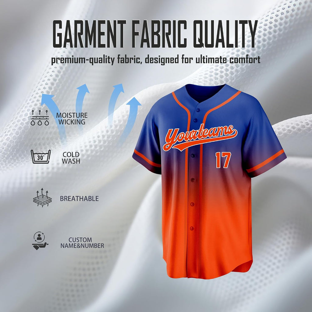 Custom Blue to Orange Gradient Baseball Jersey with Name and Number