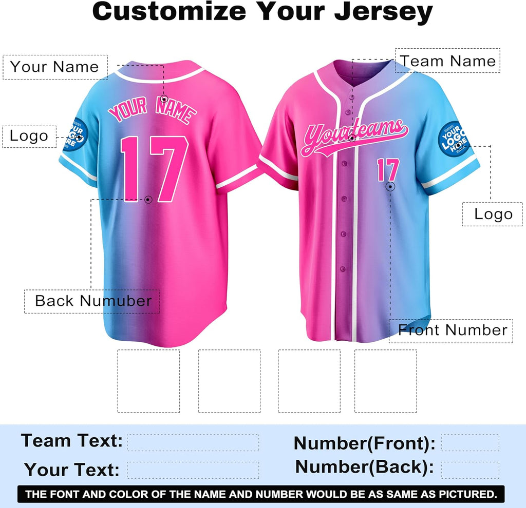 Custom Pink to Blue Gradient Baseball Jersey with White Trim