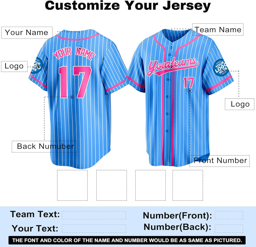 Custom Light Blue Pinstripe Baseball Jersey with Pink Piping and Name and Number