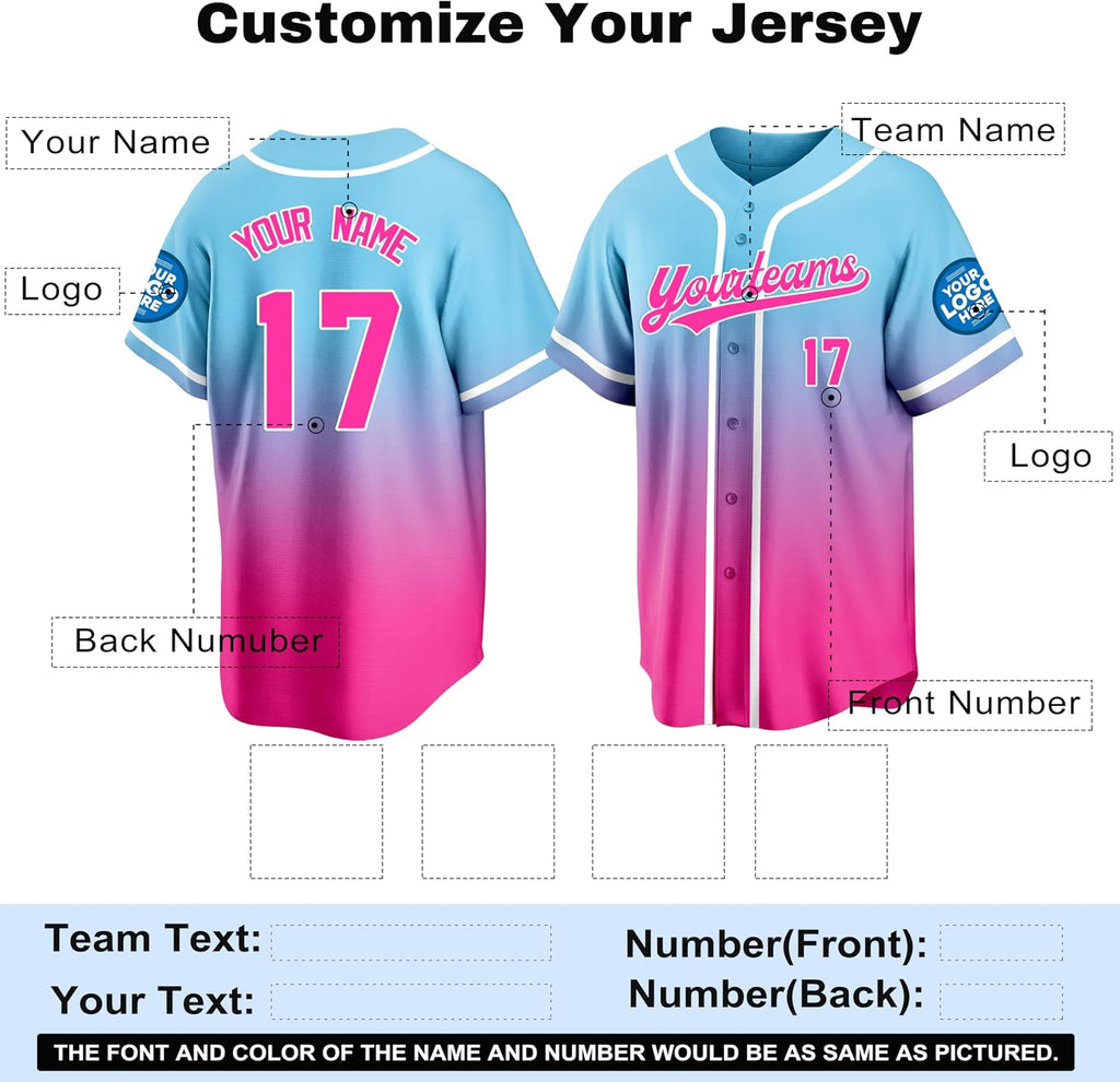 Custom Blue and Pink Ombre Baseball Jersey