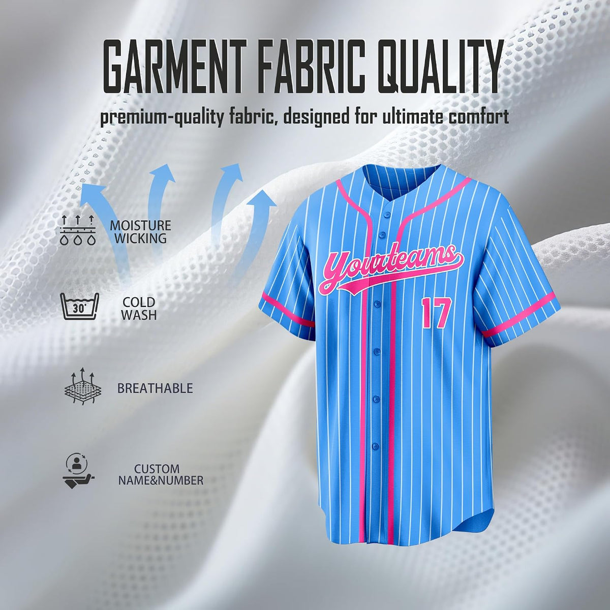 Custom Light Blue Pinstripe Baseball Jersey with Pink Piping and Name and Number