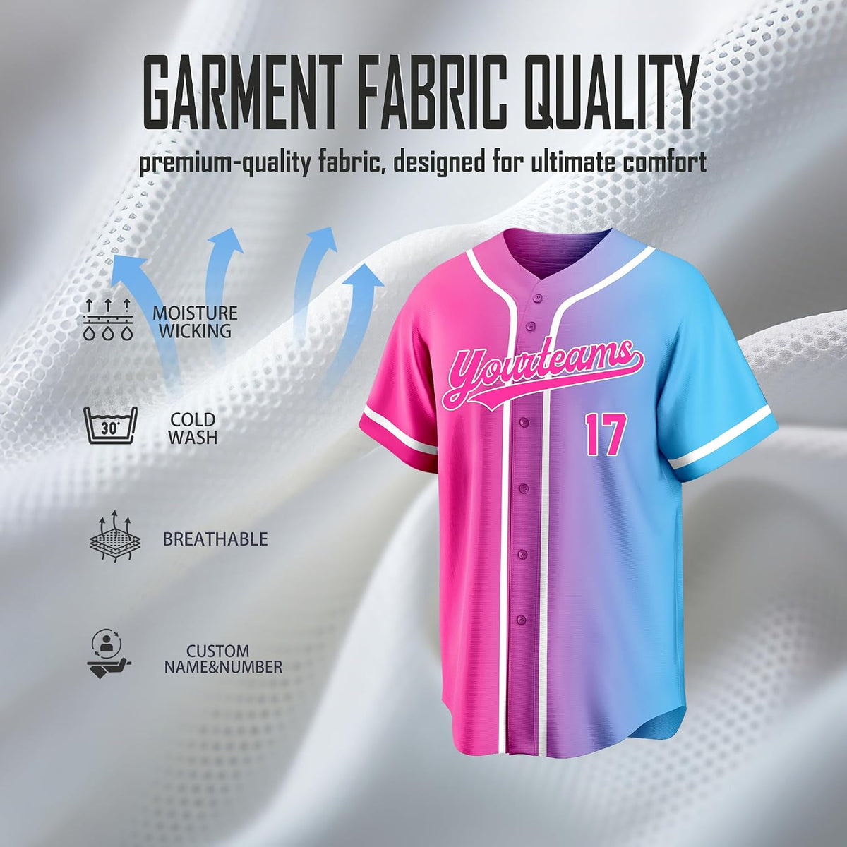 Custom Pink to Blue Gradient Baseball Jersey with White Trim