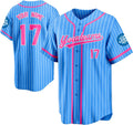 Custom Light Blue Pinstripe Baseball Jersey with Pink Piping and Name and Number