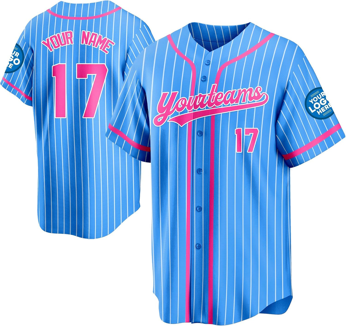 Custom Light Blue Pinstripe Baseball Jersey with Pink Piping and Name and Number