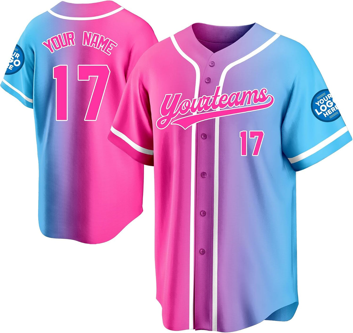 Custom Pink to Blue Gradient Baseball Jersey with White Trim