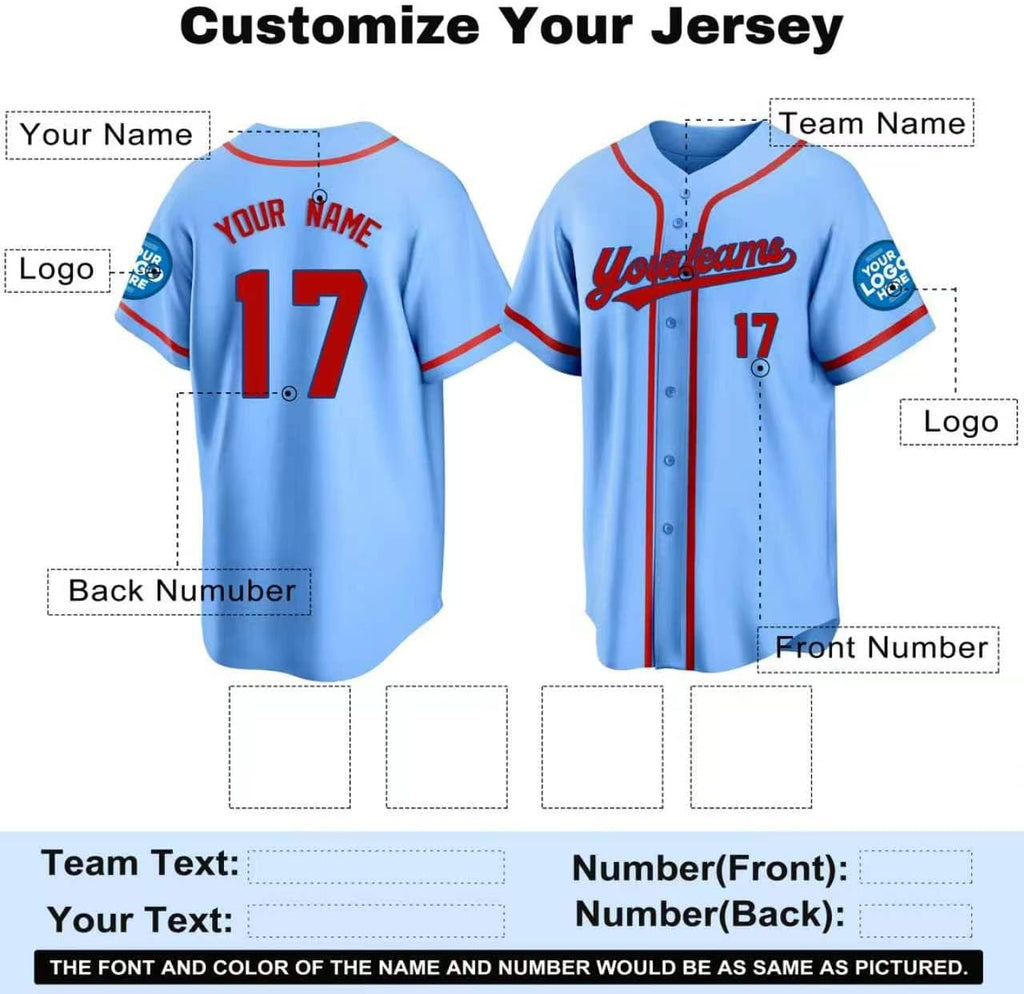 Custom Light Blue Baseball Jersey with Red Piping and Name and Number