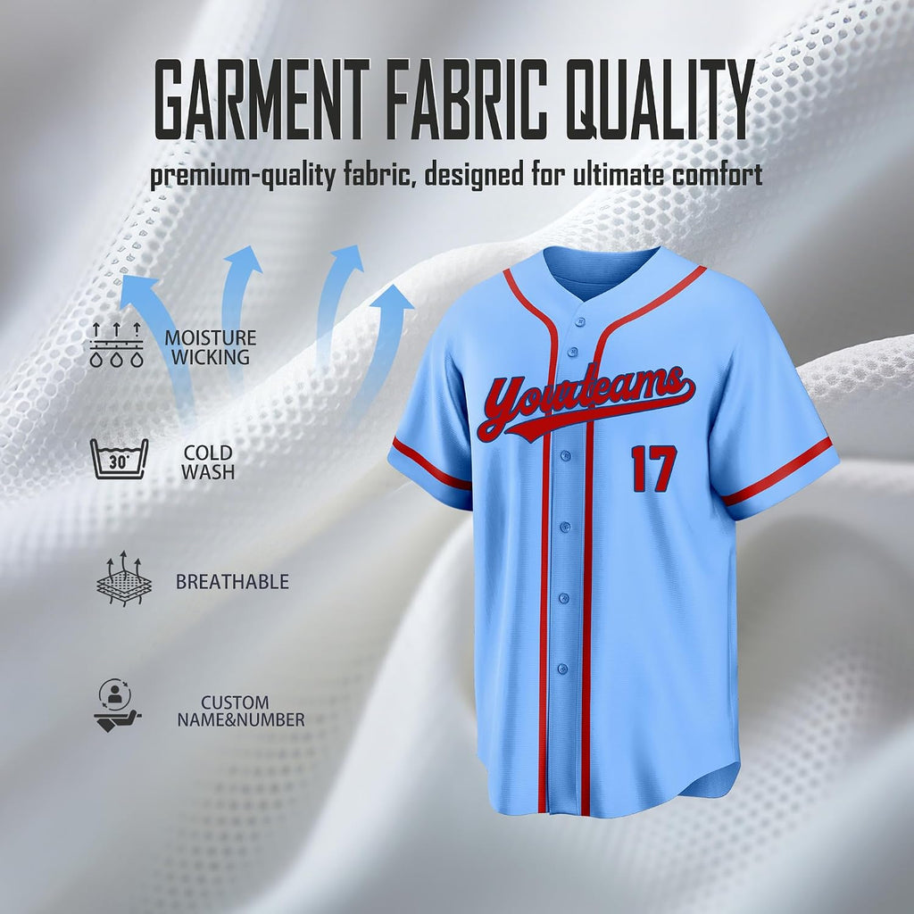 Custom Light Blue Baseball Jersey with Red Piping and Name and Number