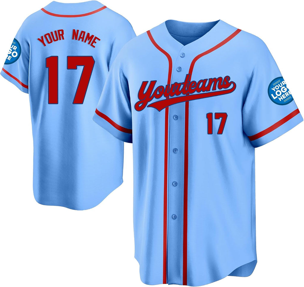 Custom Light Blue Baseball Jersey with Red Piping and Name and Number