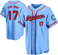 Custom Light Blue Baseball Jersey with Red Piping and Name and Number