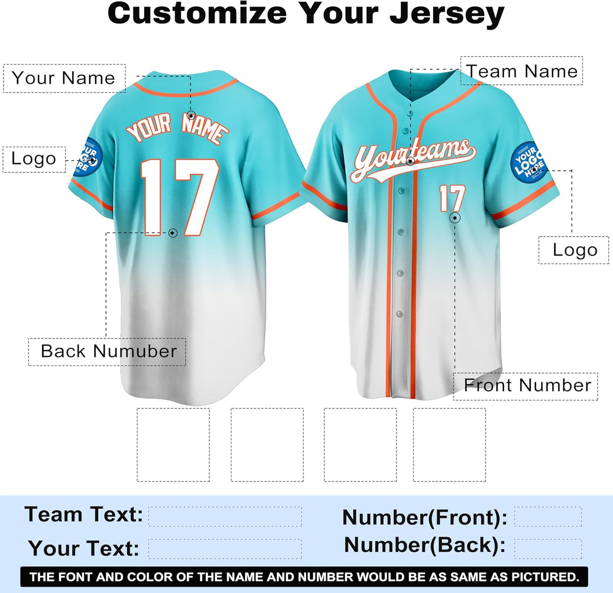 Custom Turquoise and White Gradient Baseball Jersey with Name and Number