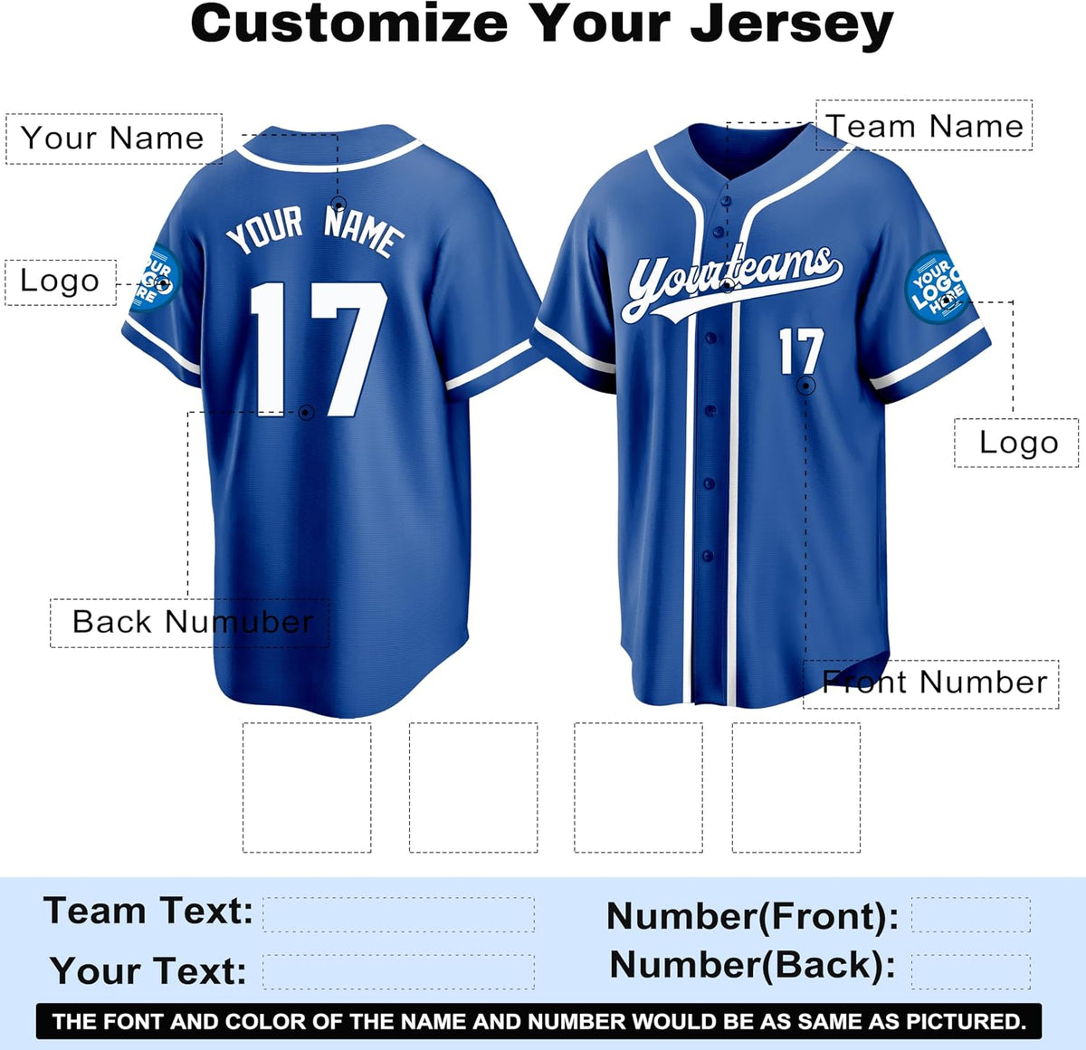 Custom Royal Blue Baseball Jersey with White Piping and Name and Number