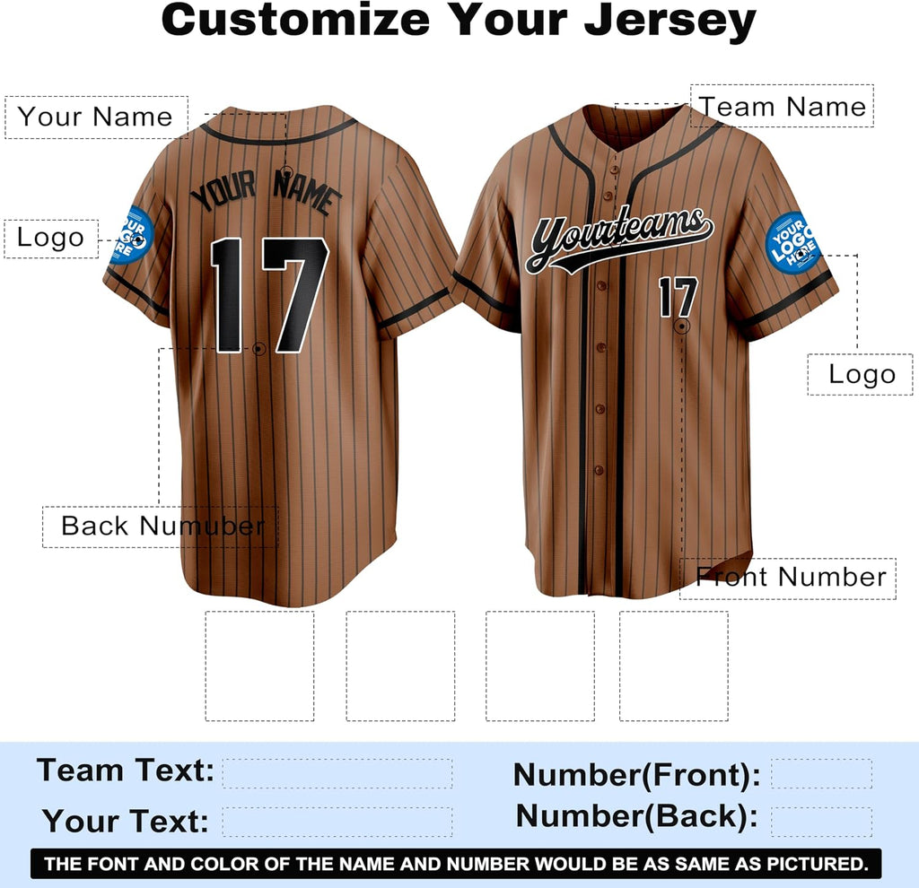 Custom Brown Pinstripe Baseball Jersey with Black Trim and Name and Number