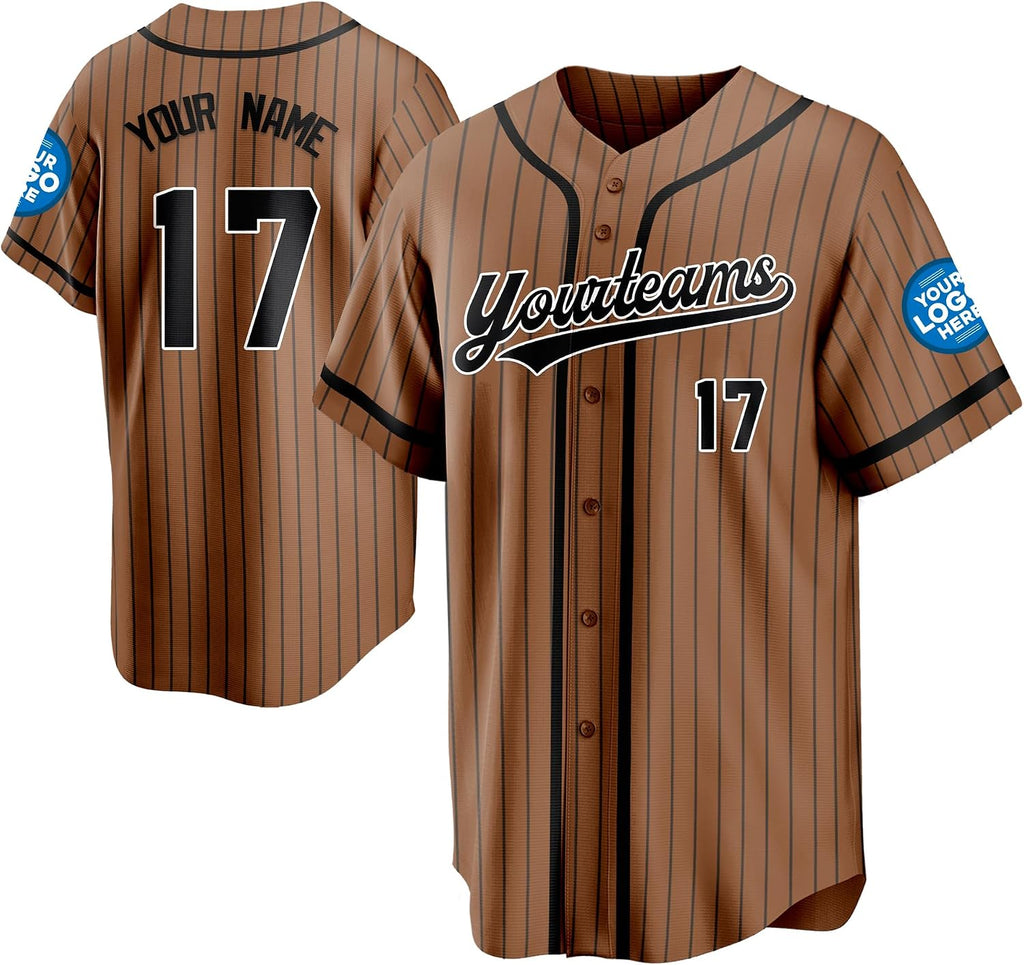 Custom Brown Pinstripe Baseball Jersey with Black Trim and Name and Number