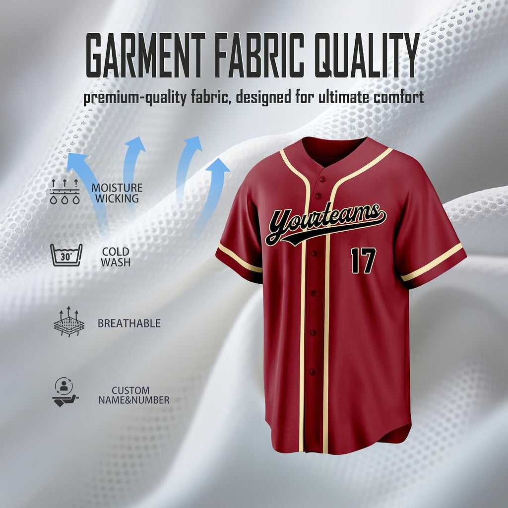 Custom Burgundy Baseball Jersey with Name and Number