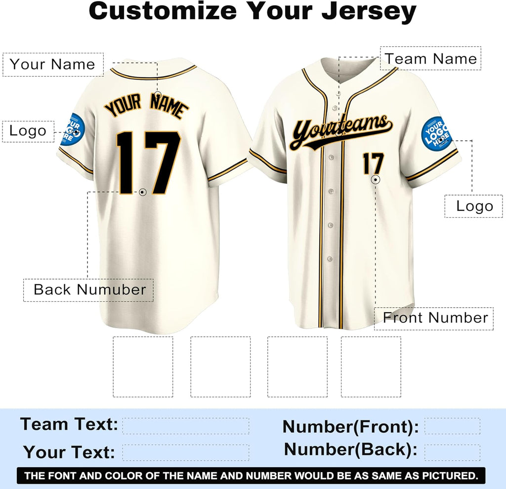 Custom Cream Baseball Jersey with Black and Gold Piping