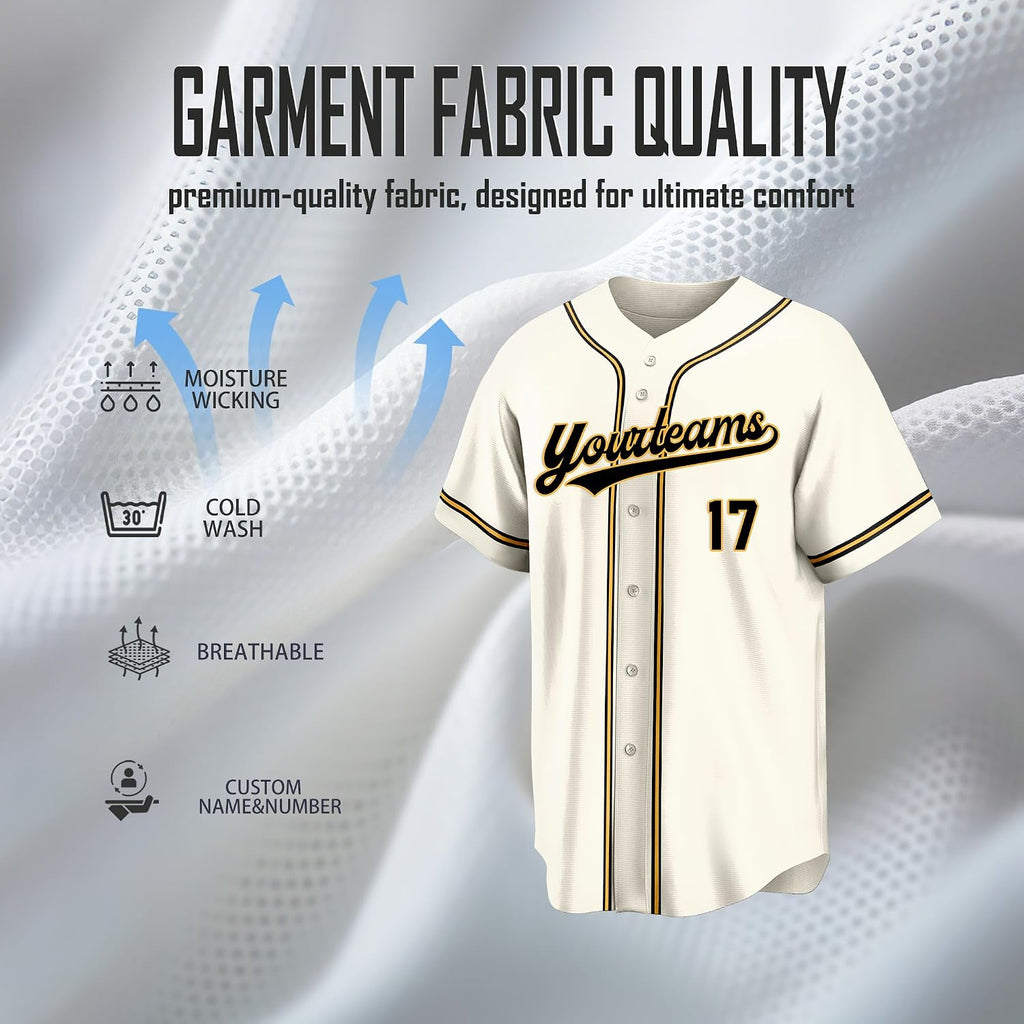 Custom Cream Baseball Jersey with Black and Gold Piping