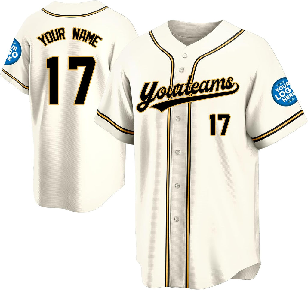 Custom Cream Baseball Jersey with Black and Gold Piping