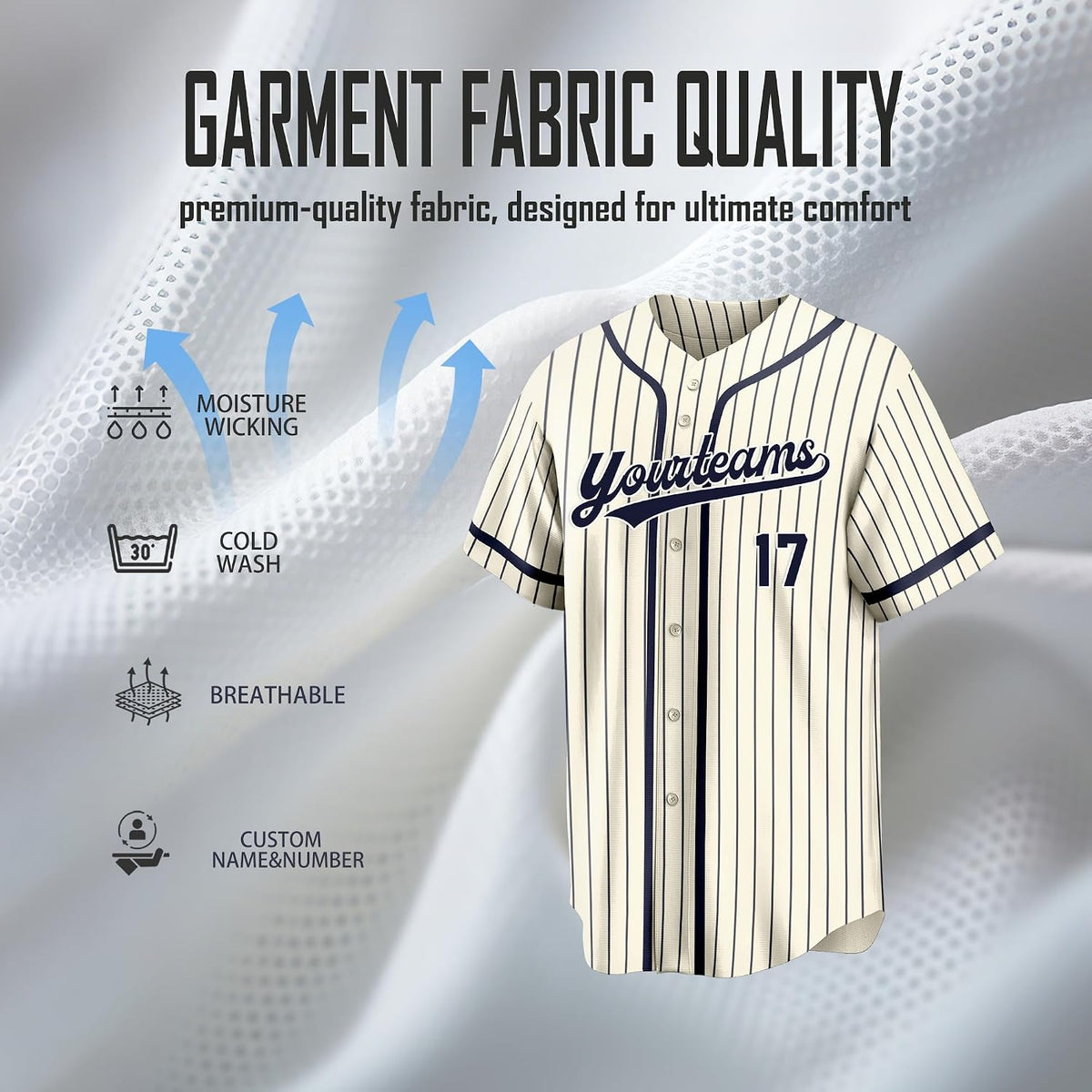 Custom Cream Baseball Jersey with Navy Pinstripes and Trim