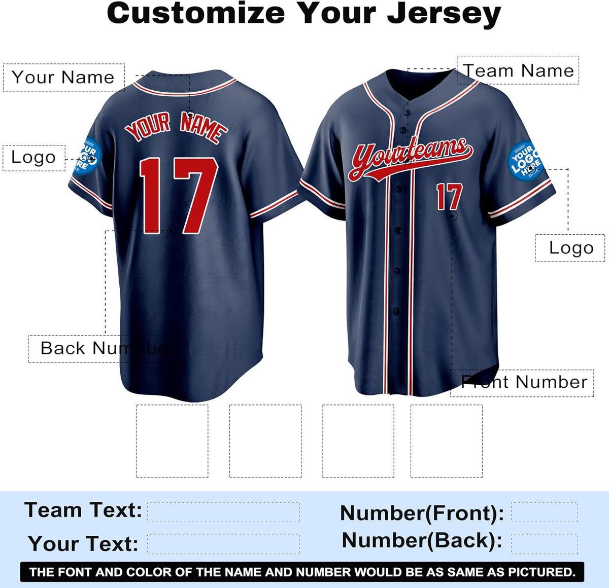 Custom Navy Baseball Jersey with Red and White Trim and Name and Number