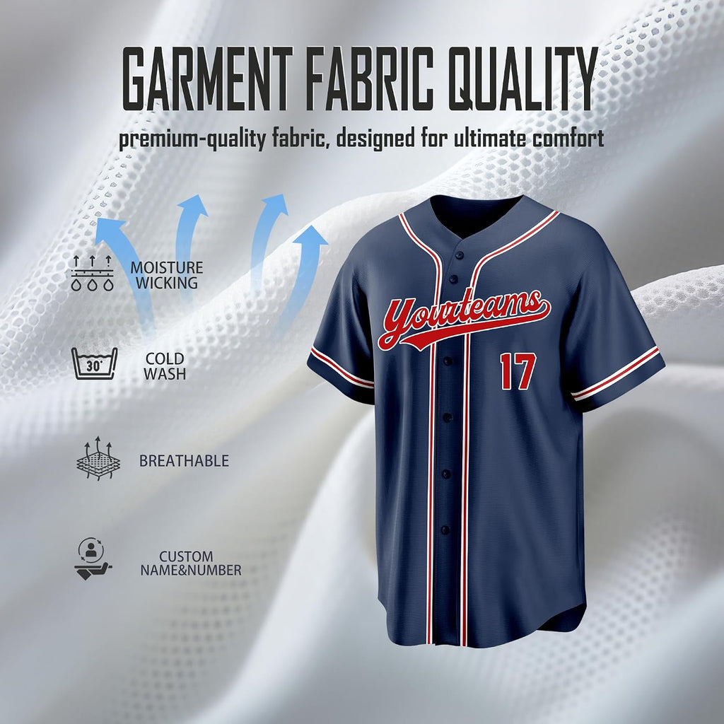 Custom Navy Baseball Jersey with Red and White Trim and Name and Number