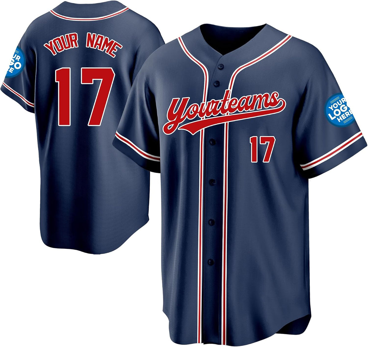 Custom Navy Baseball Jersey with Red and White Trim and Name and Number