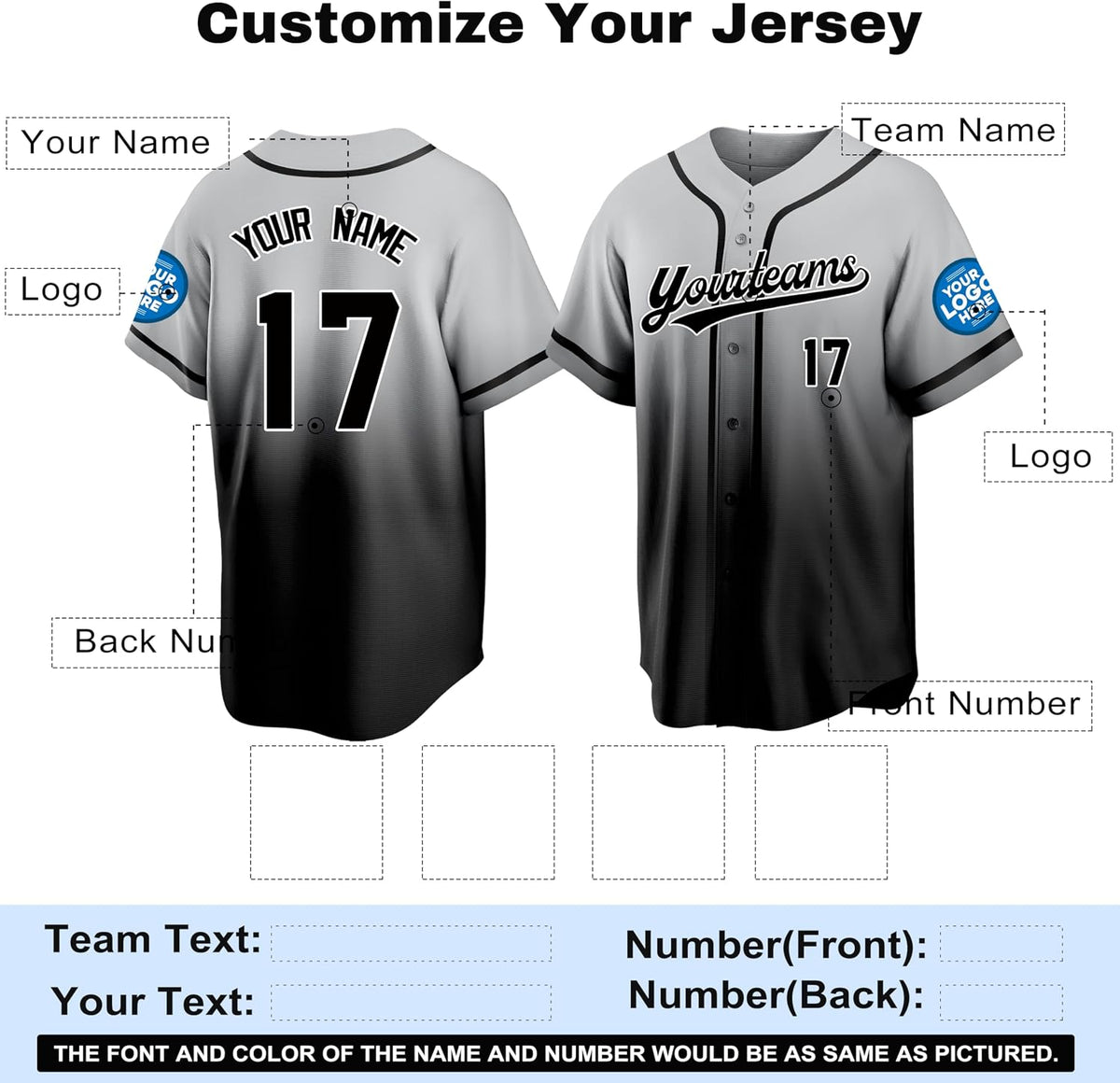 Custom Gray to Black Gradient Baseball Jersey with Name and Number