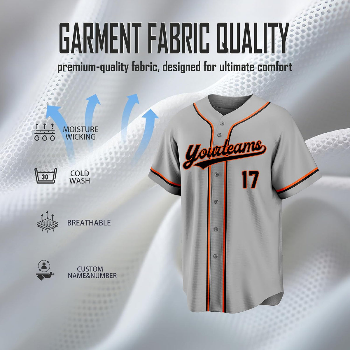 Custom Gray Baseball Jersey with Black and Orange Double Piping