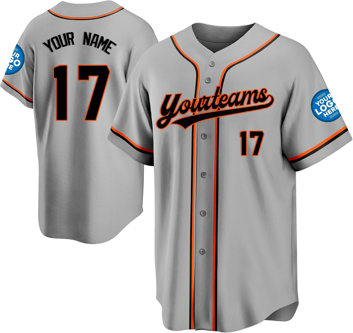 Custom Gray Baseball Jersey with Black and Orange Double Piping