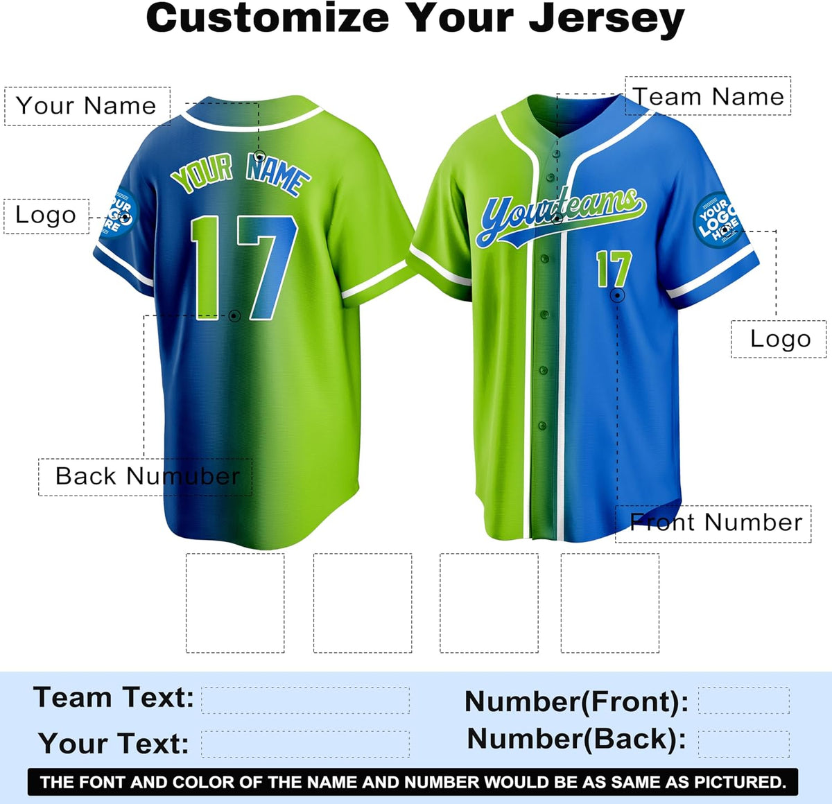 Custom Green and Blue Split Gradient Baseball Jersey
