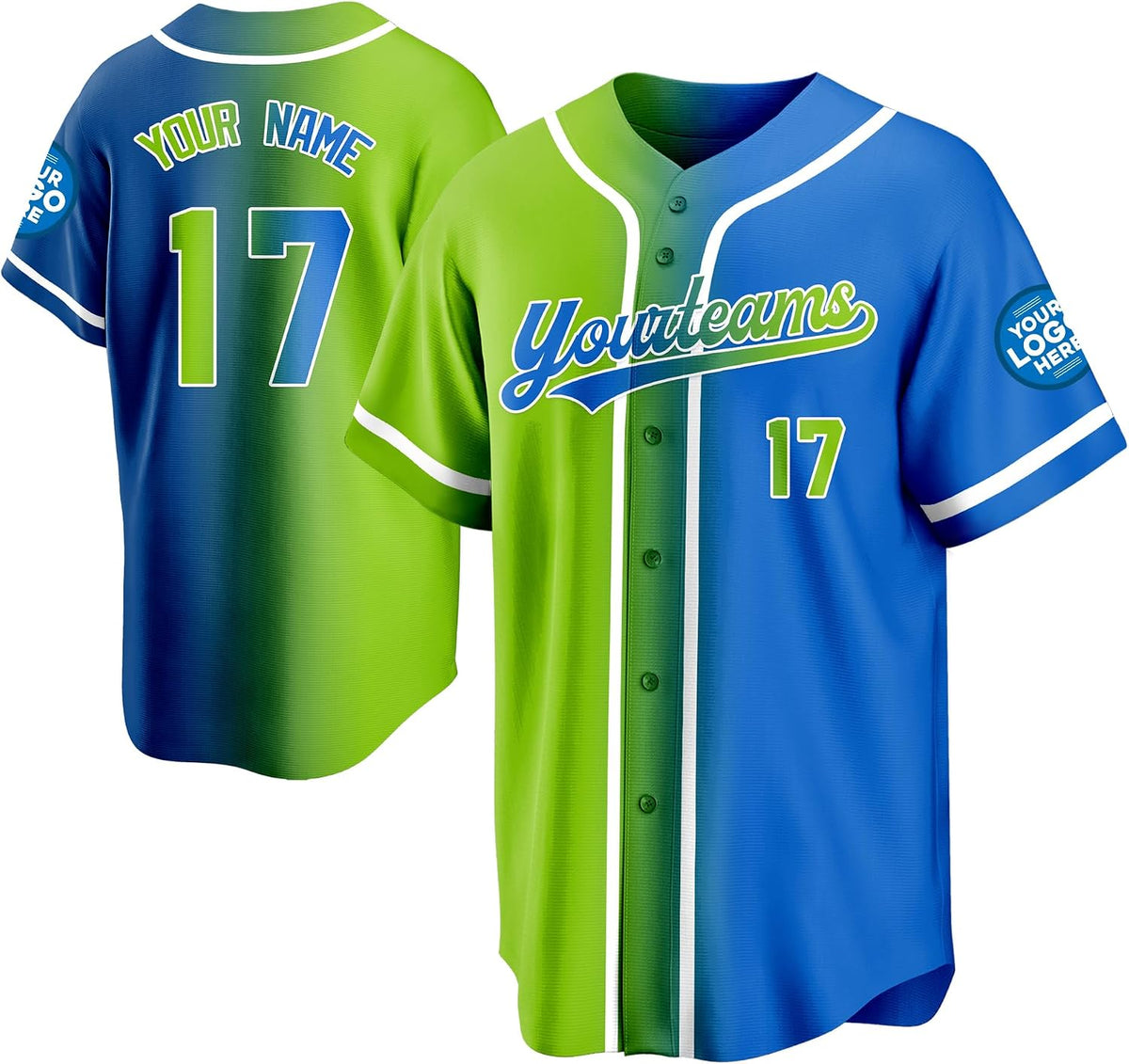 Custom Green and Blue Split Gradient Baseball Jersey