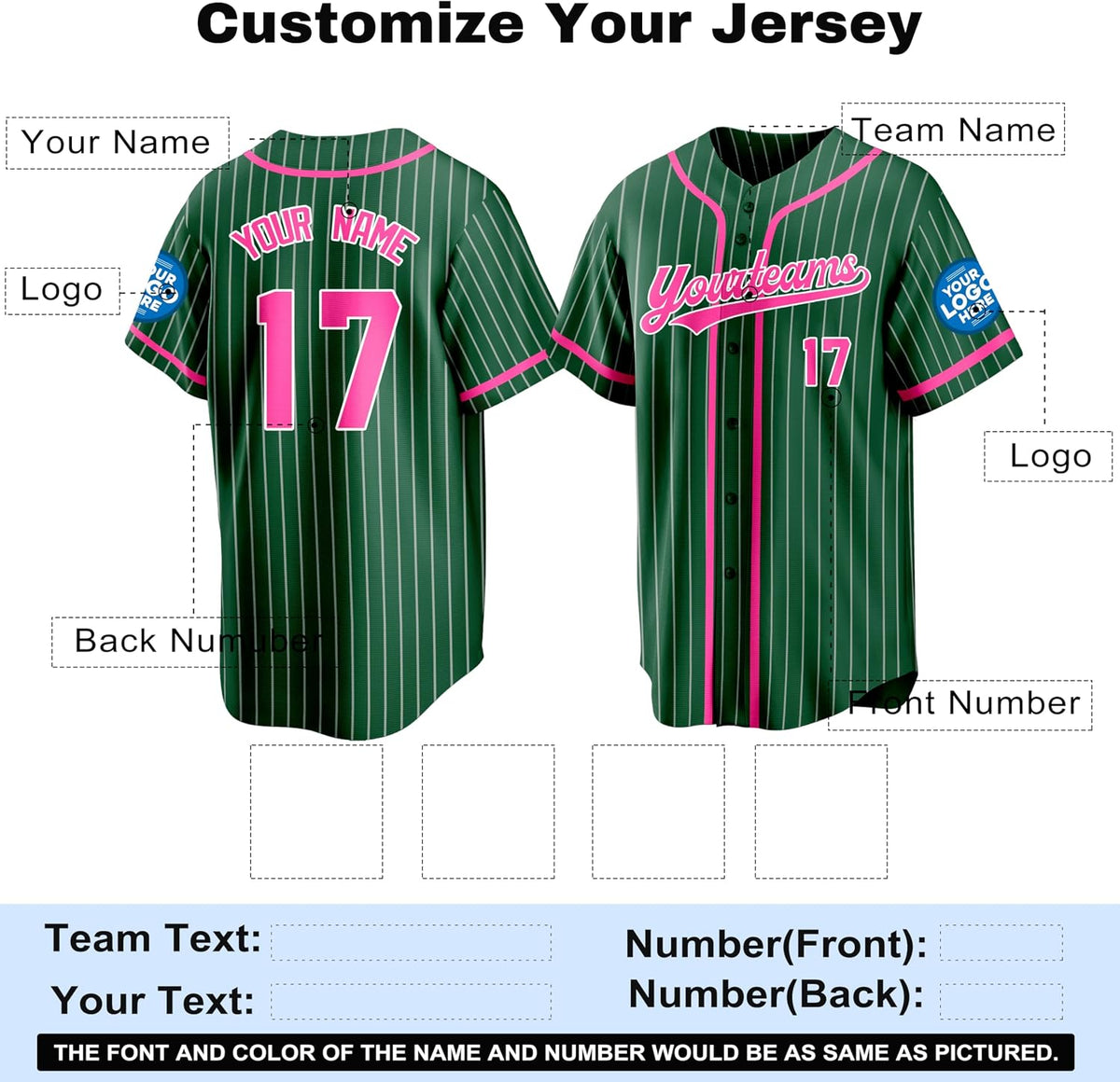 Custom Dark Green Pinstripe Baseball Jersey with Pink Piping and Name and Number