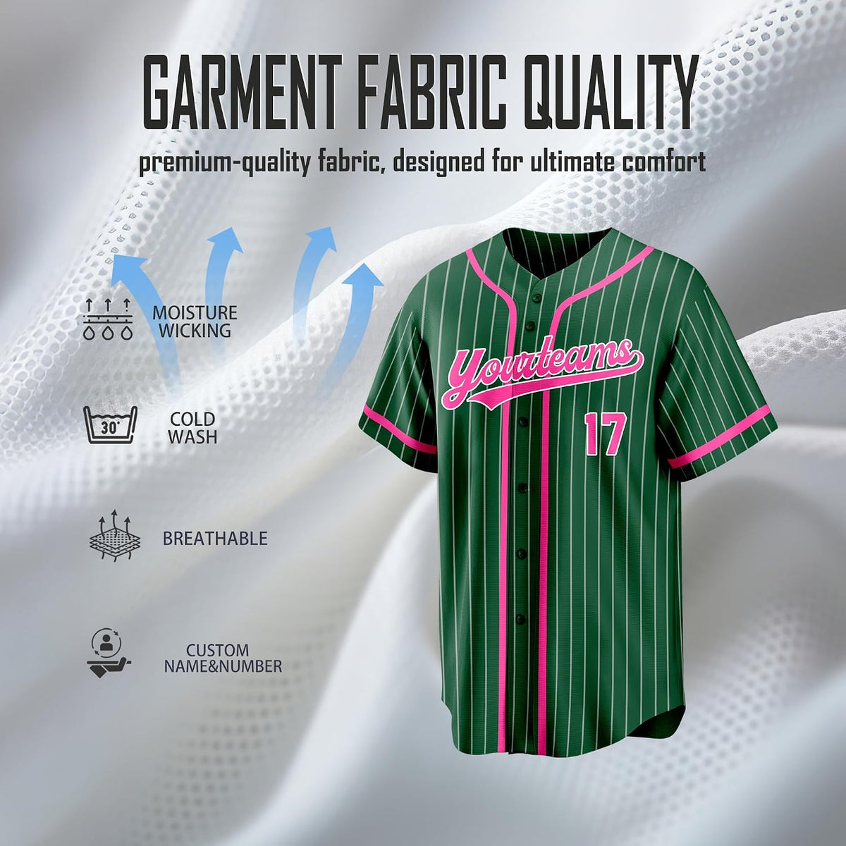 Custom Dark Green Pinstripe Baseball Jersey with Pink Piping and Name and Number