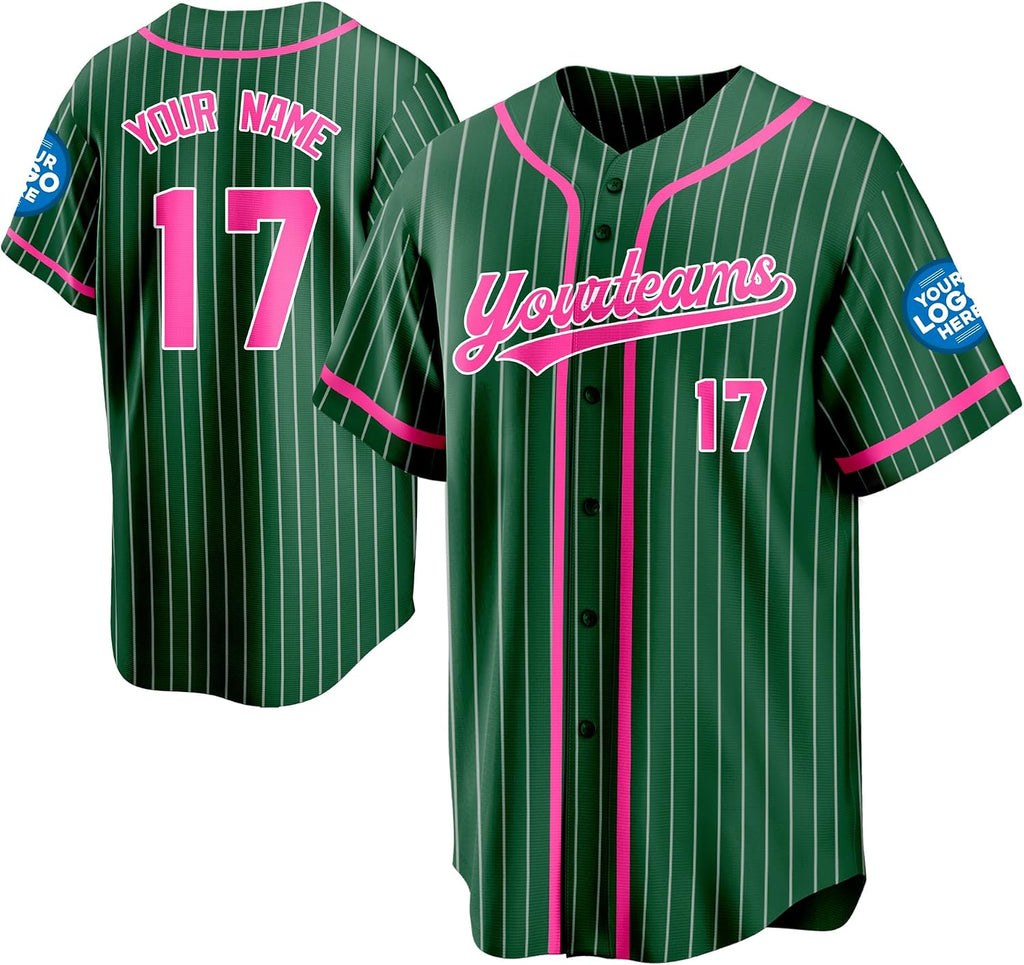 Custom Dark Green Pinstripe Baseball Jersey with Pink Piping and Name and Number