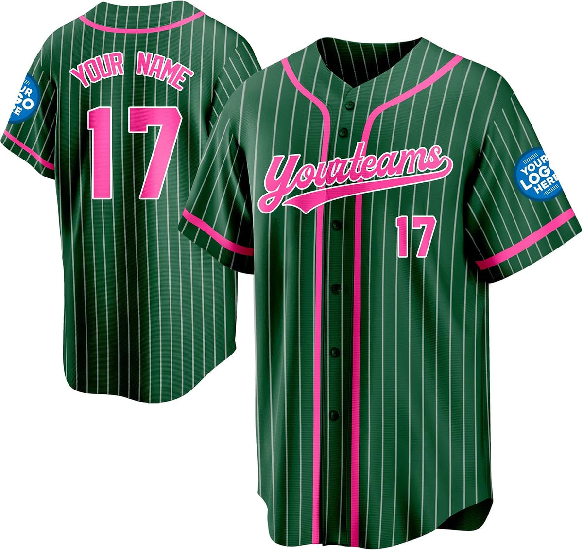 Custom Dark Green Pinstripe Baseball Jersey with Pink Piping and Name and Number