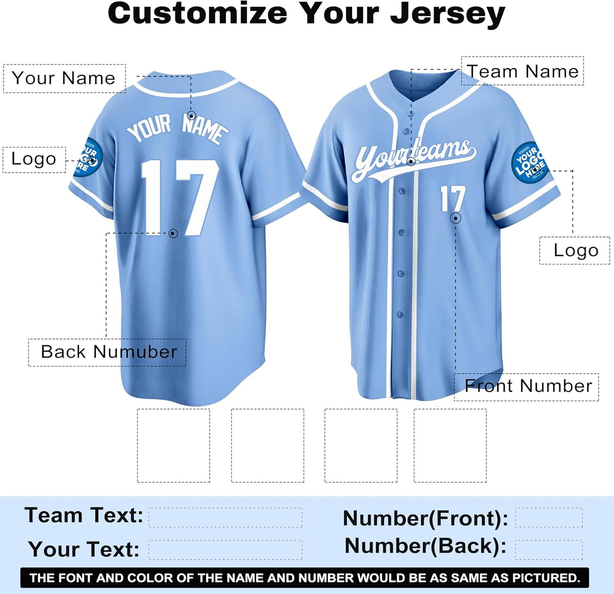 Custom Light Blue Baseball Jersey with White Piping