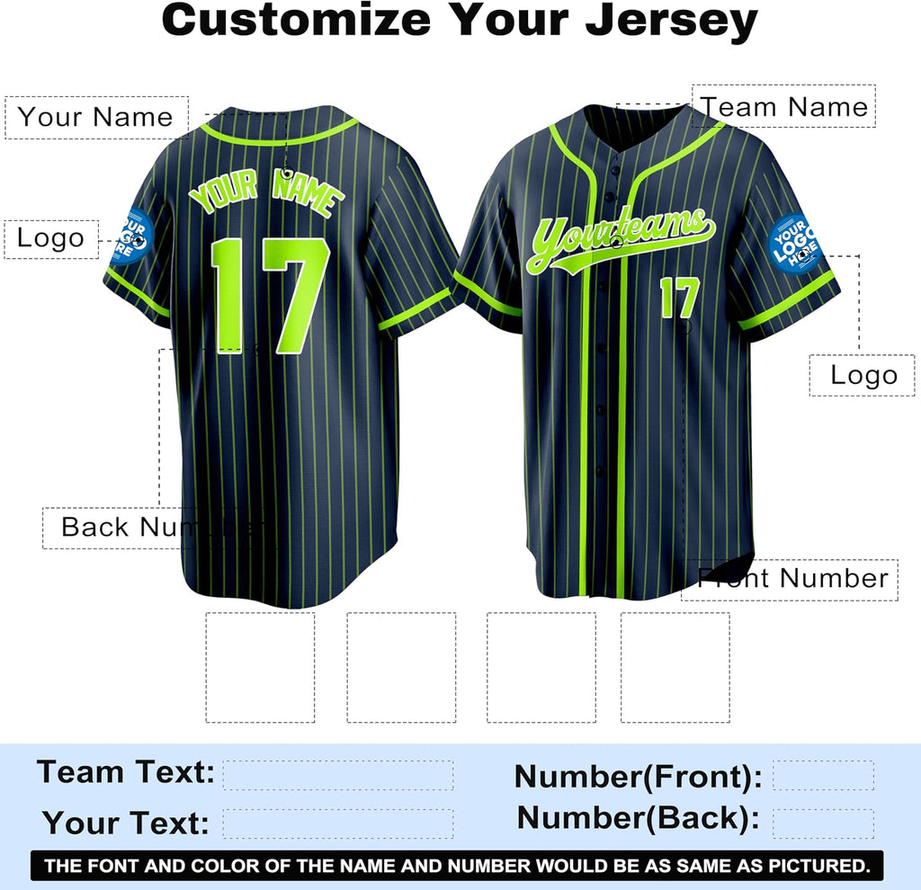 Custom Navy Baseball Jersey with Neon Green Pinstripes and Trim