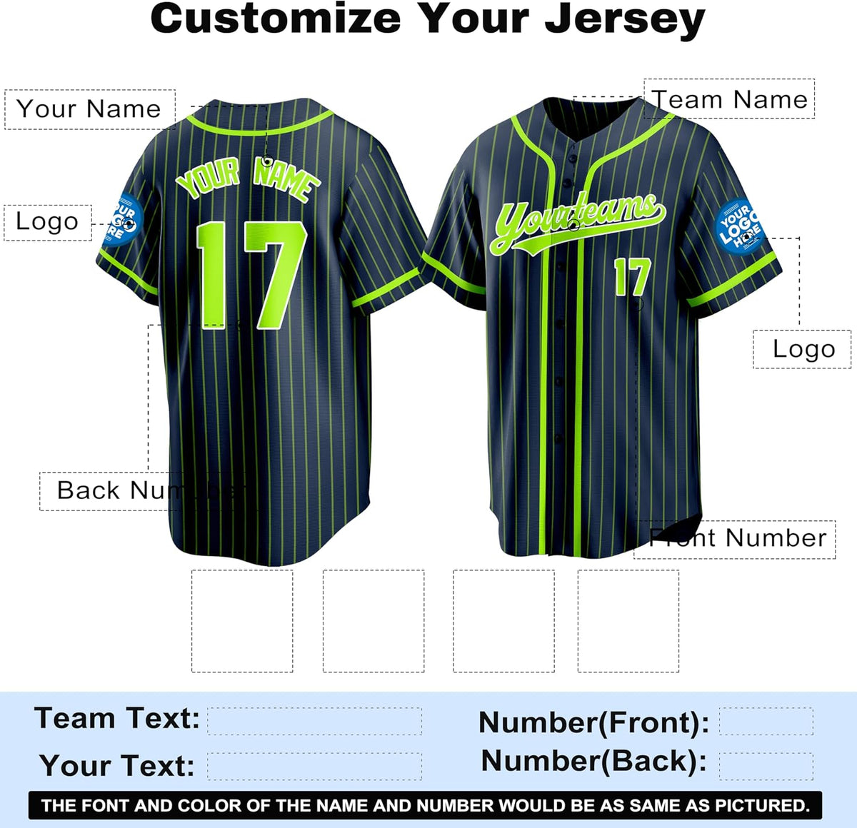 Custom Navy Baseball Jersey with Neon Green Pinstripes and Trim